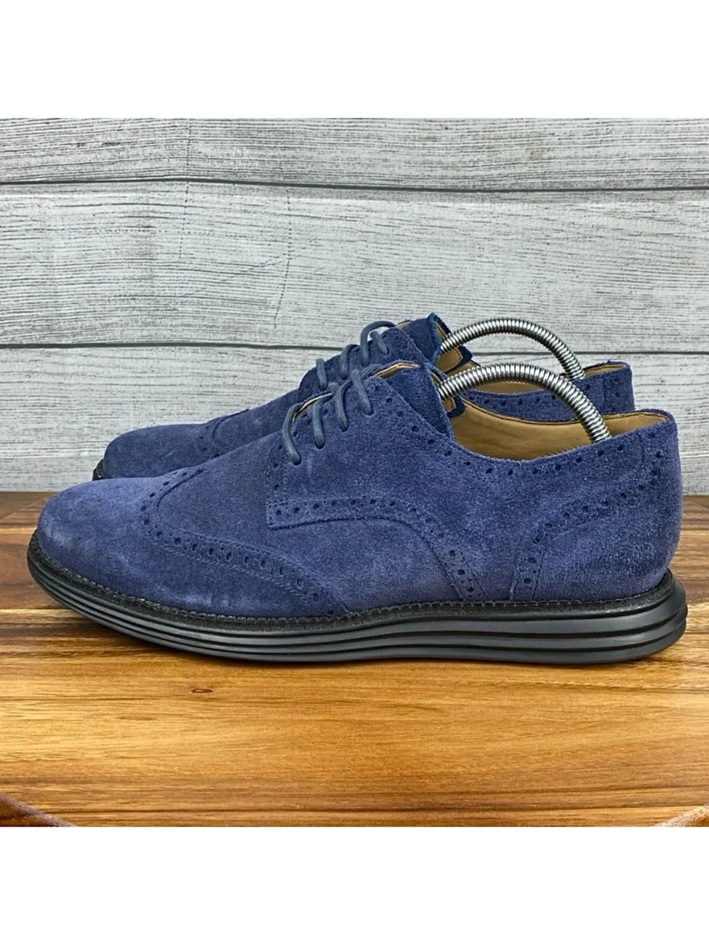 Cole Haan LunarGrand Wingtip Navy Blue Suede Black Sole Shoe C12448 Men Size 9.5
